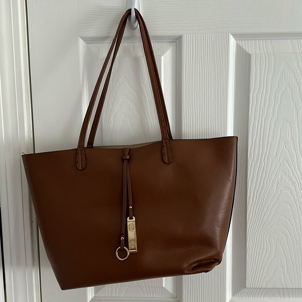 Brown faux leather tote bag with cross body insert